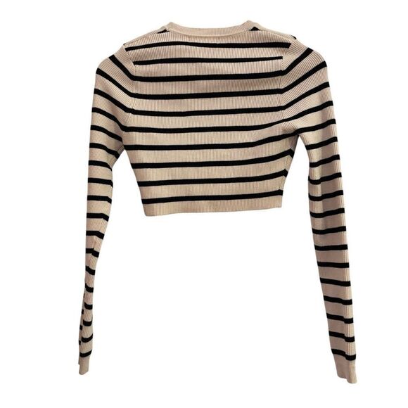 Klesia Women’s Tan Black Striped Ribbed Cropped Stretch Top Small - Picture 3 of 6